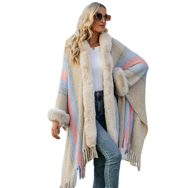 Cape à capuche châle à franges en tricot rayé pour femme_voghion.com