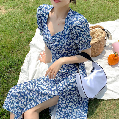 歐美風加肥大碼遮肚開叉連衣裙女雪紡過膝胖mm寬松碎花打底裙