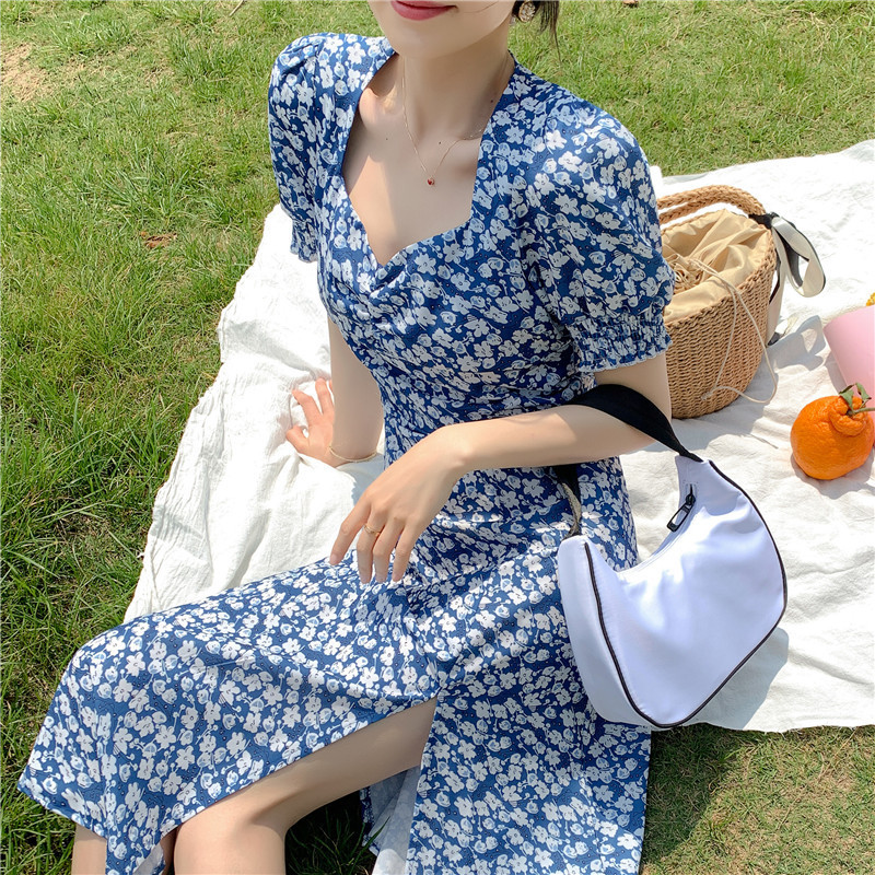 歐美風加肥大碼遮肚開叉連衣裙女雪紡過膝胖mm寬松碎花打底裙