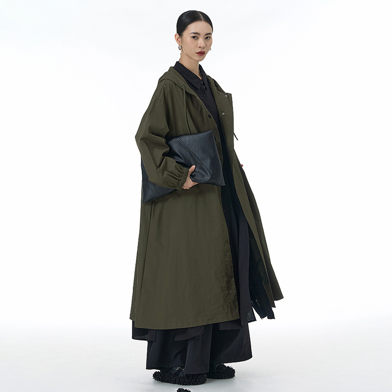 欧美风衣布长款连帽外套2025秋冬新款大码女装宽松显瘦31910|undefined