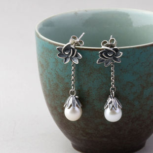 Original 925 Sterling Silver Lotus Fresh Water Real Pearl Earrings Women's Antique Tassel Earrings Artistic Retro National Fashion Accessories