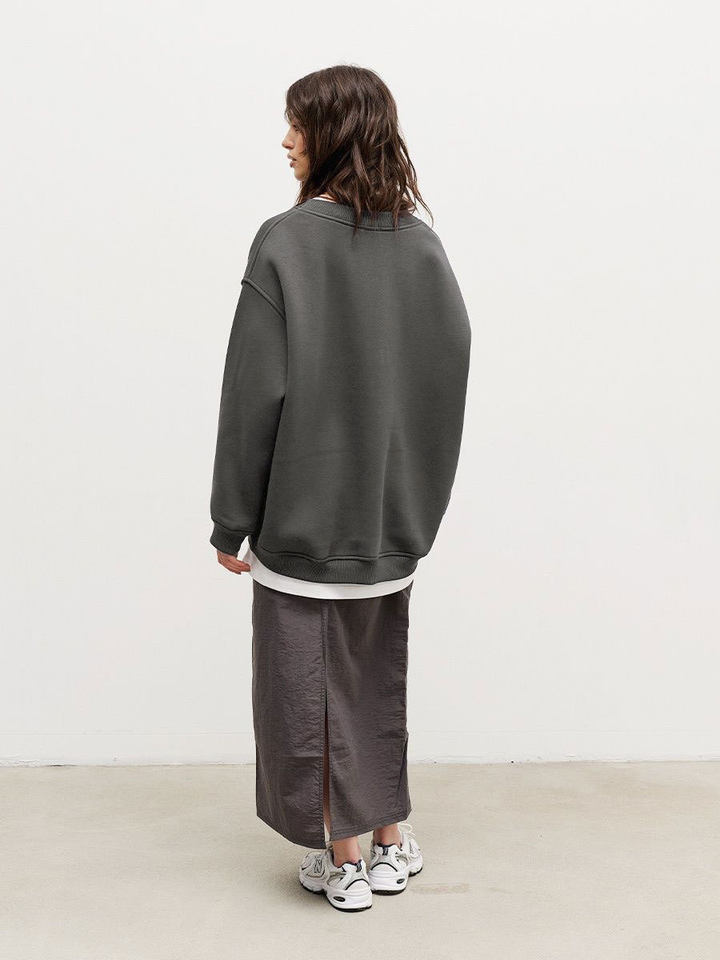 Áo sweatshirt nữ cổ tròn dáng rộng oversize tay dài chất liệu nỉ lông — Hoa màu xám, Màu cà phê, Màu trắng, Xanh navy chi tiết 32