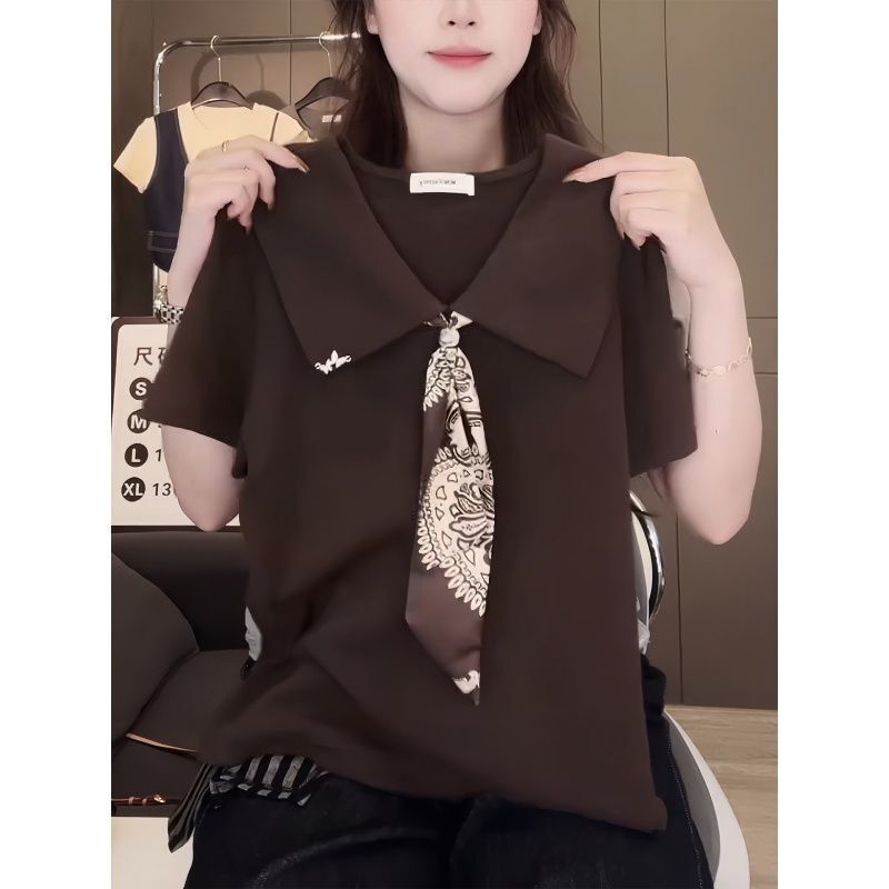 2026 Summer New Design Silk Scarf Tie Short-Sleeve T-Shirt for Women in Coffee Color, Stylish and Age-Reducing, Versatile Casual Top 2026 Summer New Design Silk Scarf Tie Short-Sleeve T-Shirt for Women in Coffee Color, Stylish and Age-Reducing, Versatile Casual Top