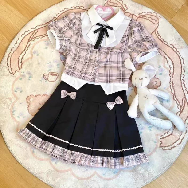 女童夏季短袖衬衫百褶裙套装中大童夏季学院风上衣短裙子洋气童装|undefined