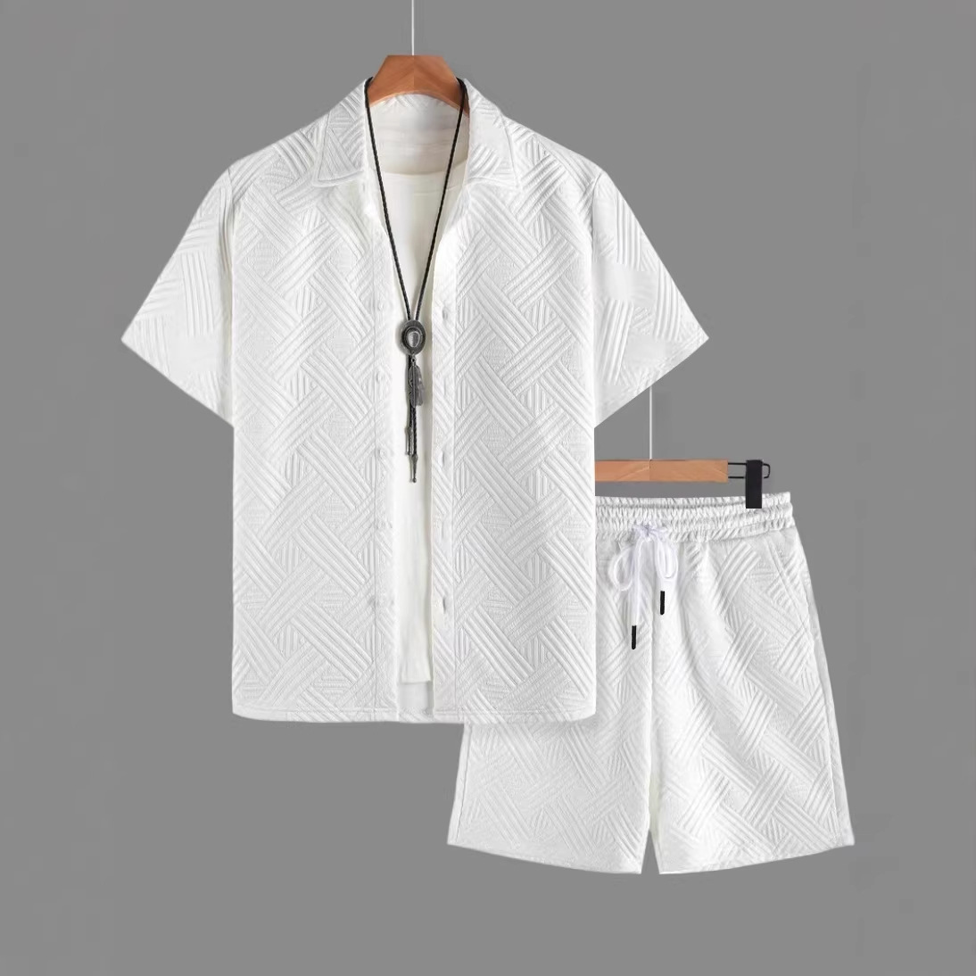 2026 Cross-Border Summer Men's Solid Color Jacquard Shirt Short Sleeve Shorts Two-Piece Casual Set_voghion.com