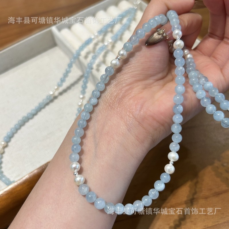 天然冰种海蓝宝紫水晶蓝水翡翠项链夏日风白水晶珍珠南红水晶项链|undefined