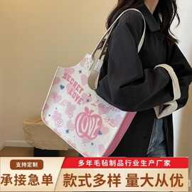 多巴胺粉色系包包女2023新款帆布托特包丘比特涂鸦毛毡单肩购物袋