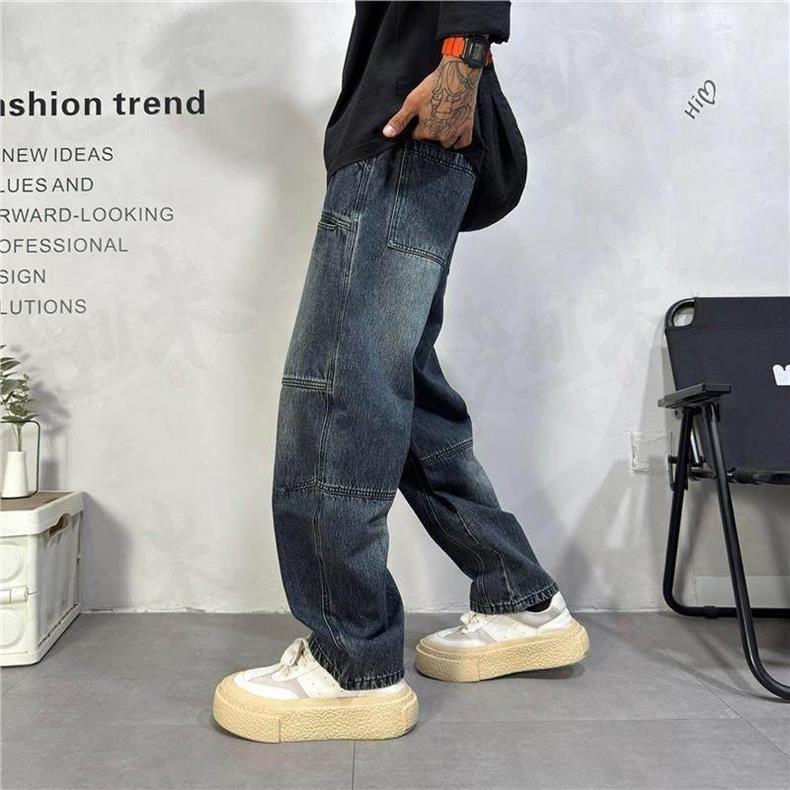 Herren Patchwork Jeans Weit Geschnitten Gerade Locker Arbeitshose_voghion.com
