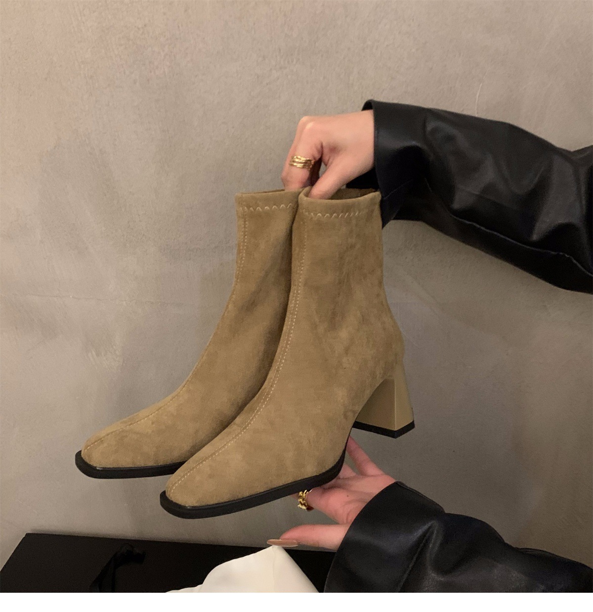 Suede Ankle Boots For Women Square Toe Slim Korean Style Footwear_voghion.com