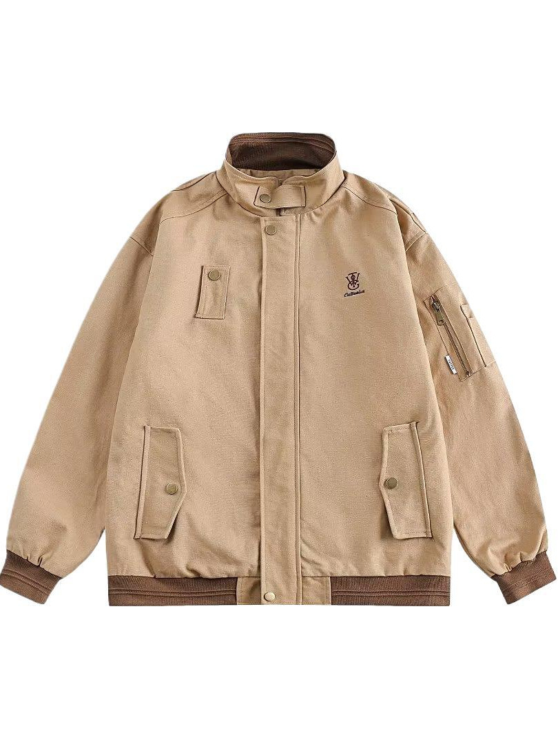 Estilo japonés retro bordado Diseño ropa de trabajo chaqueta de los hombres y las mujeres de Primavera y Otoño Nueva solapa suelta de color a juego Chaqueta de traje de vuelo