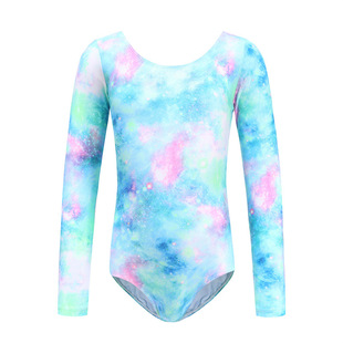 Printed Long-Sleeved One-Piece Briefs Latin Dance Clothing Summer Dance Practice Clothing Girls Competition Clothing Dreamy Starry Sky