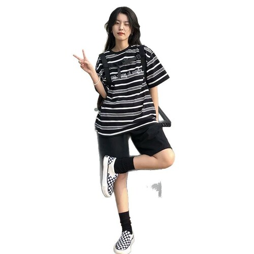 Women's Loose Short Sleeve T-Shirt and Shorts Set, 2025 Summer New Arrival, American Street Style Striped Casual Outfit