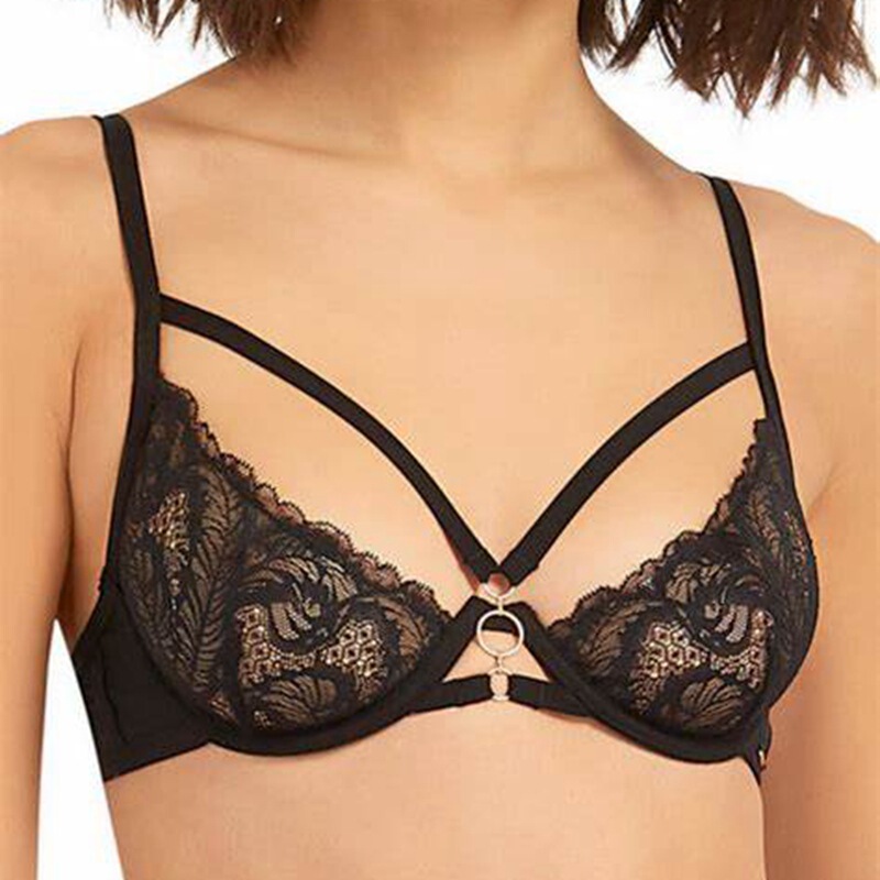 British Bella sexy underwear black lace breathable women's summer big chest small upper support deep V push up anti-sagging