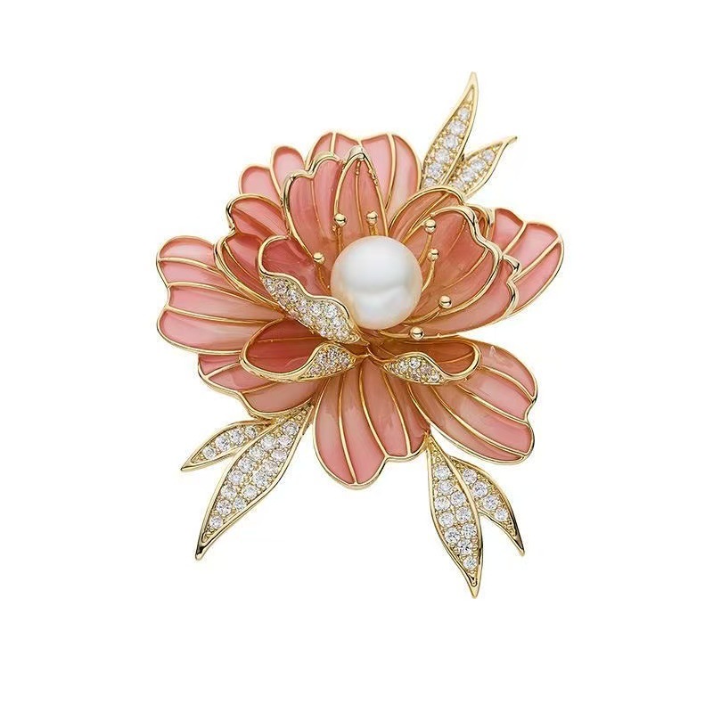Light Luxury Enamel Peony Brooch Women's Chinese Style Pearl Flower Brooch Elegant Retro Accessories Fashion Corsage