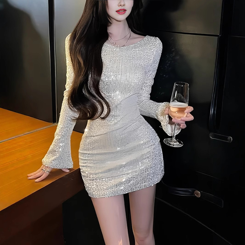 Party Champagne Gold Horn Water Sleeve Hip Skirt dress Women's High-Level Socialite Elegant Glittering Sequin Dress