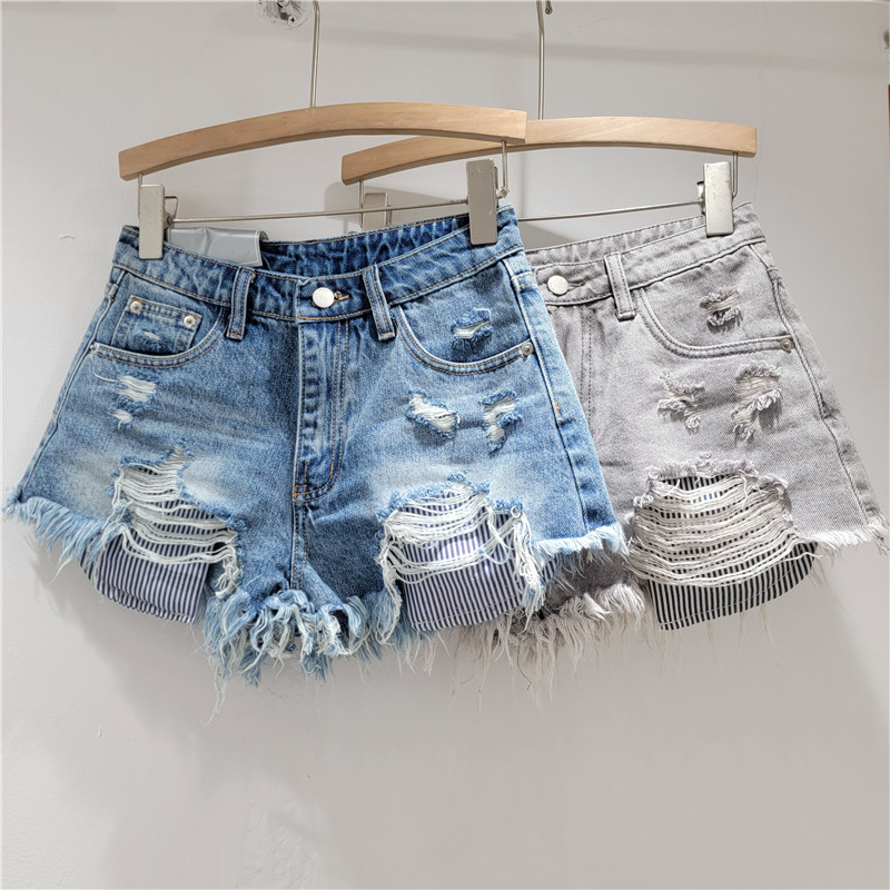 Pantalones Cortos de Mezclilla a Rayas de Mezclilla, Detalles Rotos, para Verano image 1