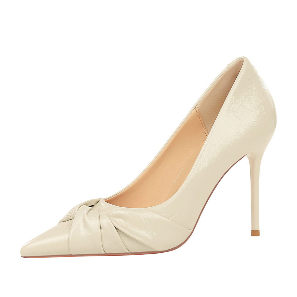 3739-38 French Style Ultra High Heels For Women Pointed Toe Ruched Bow Versatile Shallow Mouth Elegant Stiletto Pumps_vogvips.com