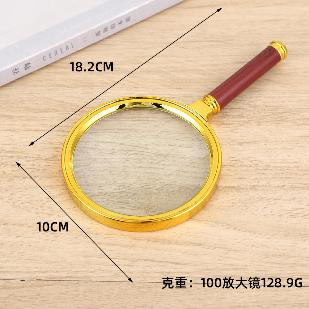 Lupa mano portátil HD, mango imitación rosa chapado oro, lectura grano madera, venta al por mayor.
