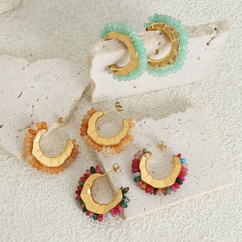 New Retro C-shaped Multicolored Natural Agate Green Ghost Stone Vintage Style Casual Titanium Steel Women's Earrings