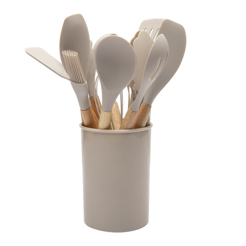 Factory Direct Selling Cooking Wooden Handle Silicone 12-Piece Set Including Storage Bucket Set, Non-Damaging Pot, Non-Stick Silicone Spoons and Spatulas
