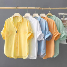 中年棉短袖休闲纯色衬衫2024夏季新款衬衣设计宽松上衣短袖衬衫