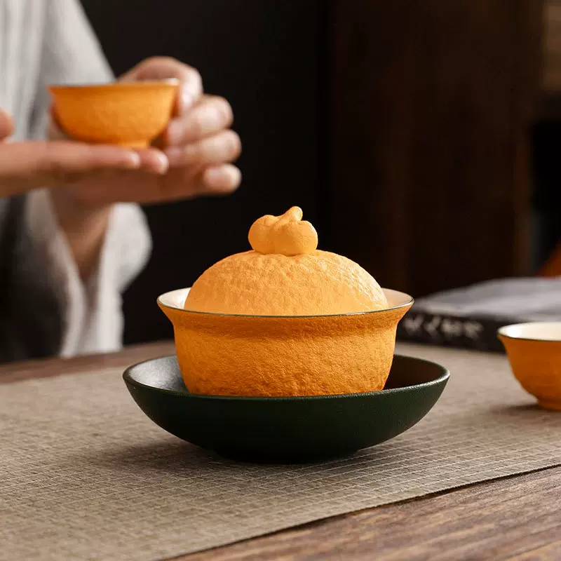 大吉大利橘子盖碗杯创意不烫手茶具套装白瓷三才带盖陶瓷定logo