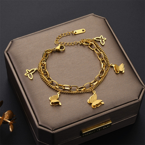 Korean minimalist rose gold double sand-blasted butterfly titanium steel bracelet, INSRARE design, exquisite double-layer women's bracelet