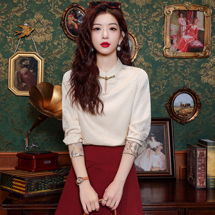 New Chinoiserie Plate Button Stand Collar Jacquard Shirt Women's Autumn 2025 New Women's Shirt Retro National Style Small Shirt Top