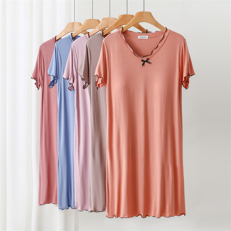 Bitter Cotton Belt Chest Pad V-neck Home Nightdress dress Women's Summer Base Skirt Thin Short-sleeved Pajamas Mid-length