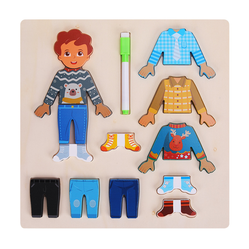 Personajes de madera para niños Vestir Tablero de dibujo de rompecabezas para niñas Tablero de escritura de graffiti Educación temprana Juguetes educativos al por mayor
