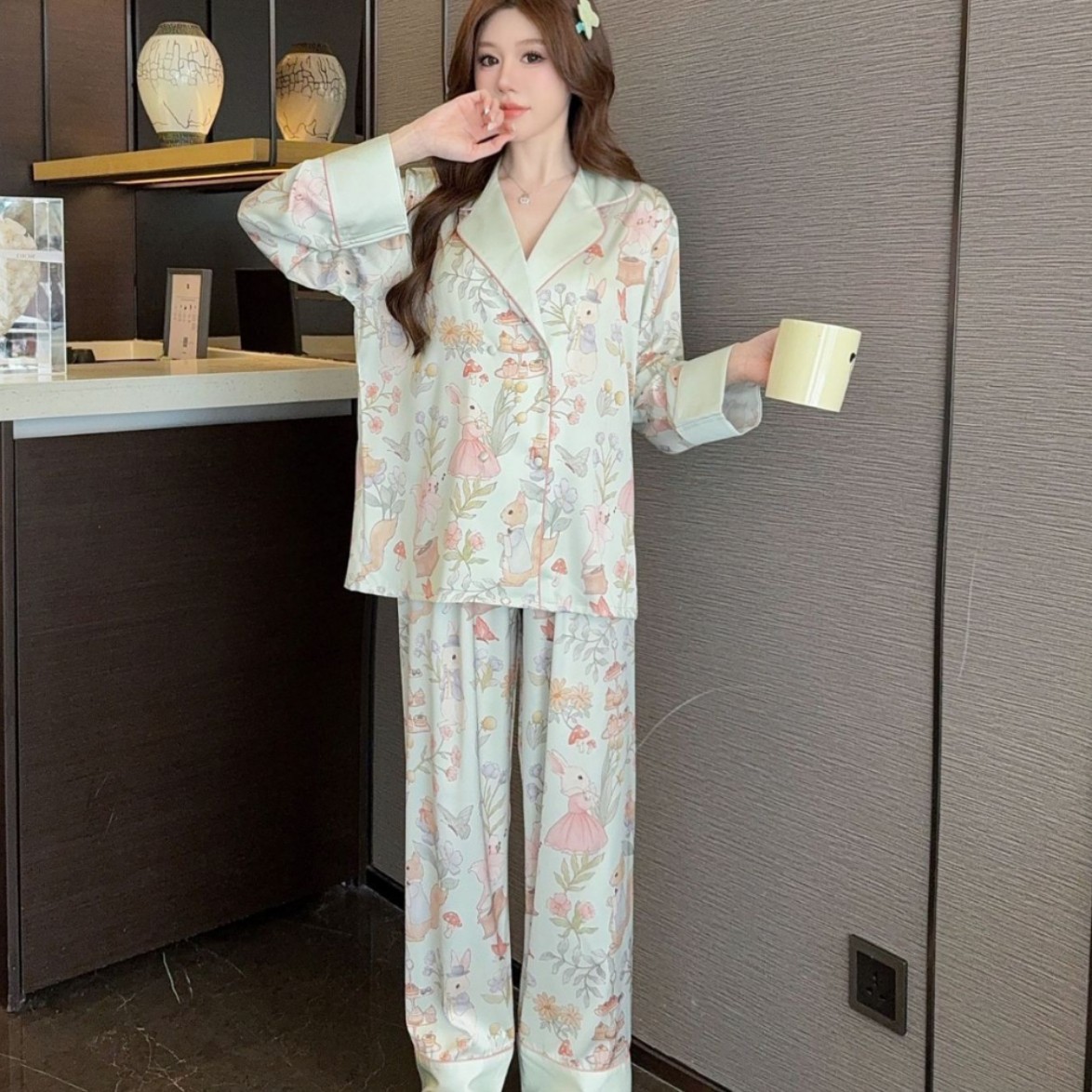 睡衣可爱甜美长袖开衫纯欲风外穿家居服套装高级感冰丝料古风设计
