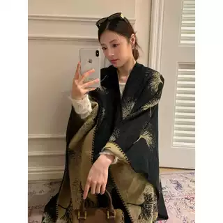 复古高级银杏叶披肩女秋冬季外搭民族风旅游斗篷保暖围巾开叉披风