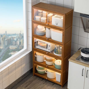 New Kitchen Storage Rack Floor-Standing Multi-Layer Storage Rack Bamboo Multi-Functional Storage Cabinet with Door for Pots, Dishes and Condiments