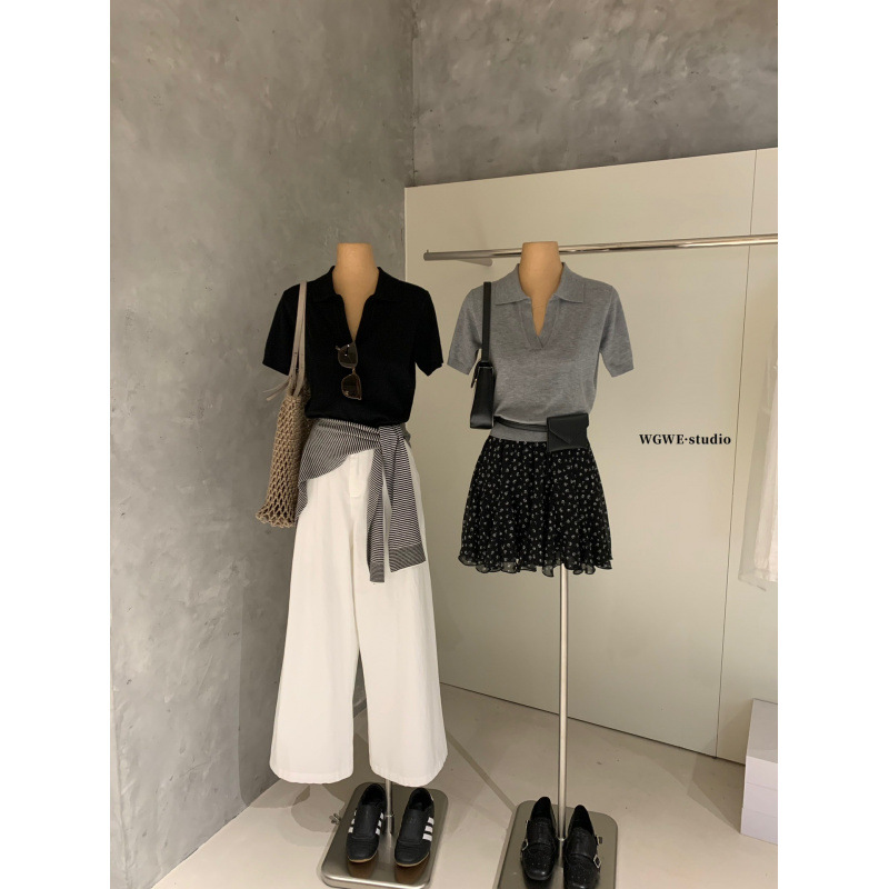 施奈WGWE8659韩式翻领短袖针织衫女修身套头毛衣早春穿搭上衣