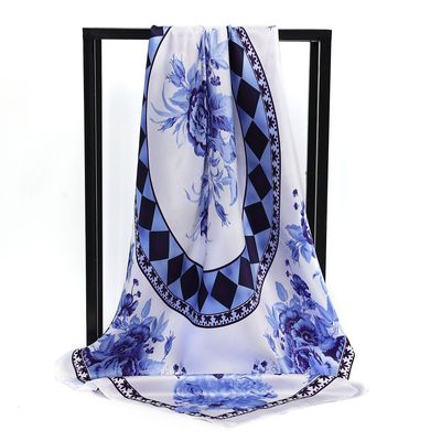 2022 new pattern Blue and white porcelain Vintage Style Silk scarf Scarf Botany flowers and plants Thin section shirt decorate 90 Kerchief