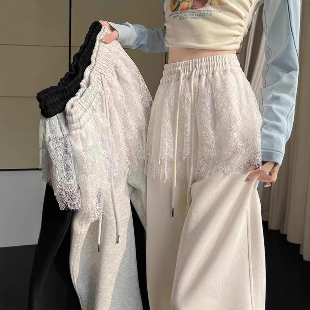 Cross-Border Hot-Selling Lace Splicing Wide-Leg Pants for Women Spring and Summer New High-Waist Drawstring Straight Casual Sports Pants Trousers