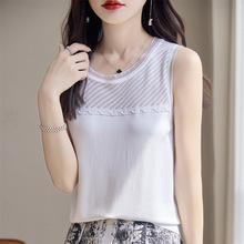 2025年春夏新款曲珠冰丝圆领针织吊带背心无袖欧根纱拼接打底衫女