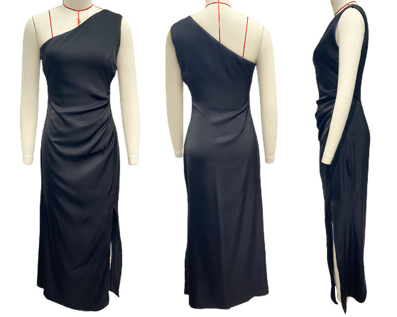 Women's Clothing Elegant Satin Dress All Season Slim Fit One Shoulder Sexy Slit For Women For Formal & Casual_ecoleips.com