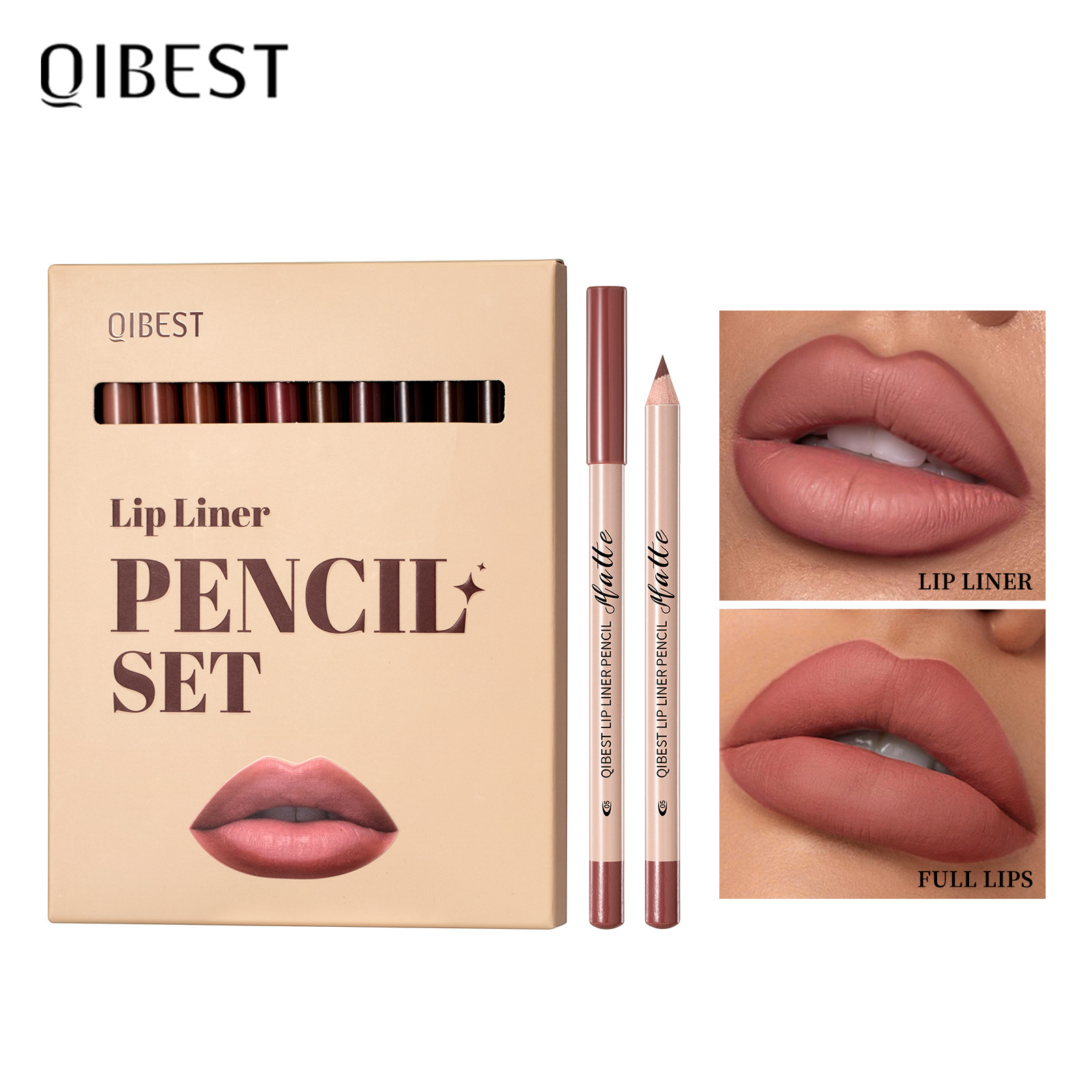 Qibest European and American Cross-Border 12-Color Matte Lipstick and Lip Liner Set in Nude Colors, Long-Lasting and Non-Fading Makeup