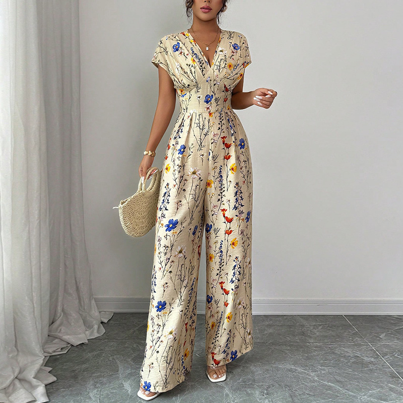 Ruihuo Cross-Border Amazon European and American Printed Jumpsuit Women's 2025 Autum New Short-Sleeved Waist Wide-Leg Pants