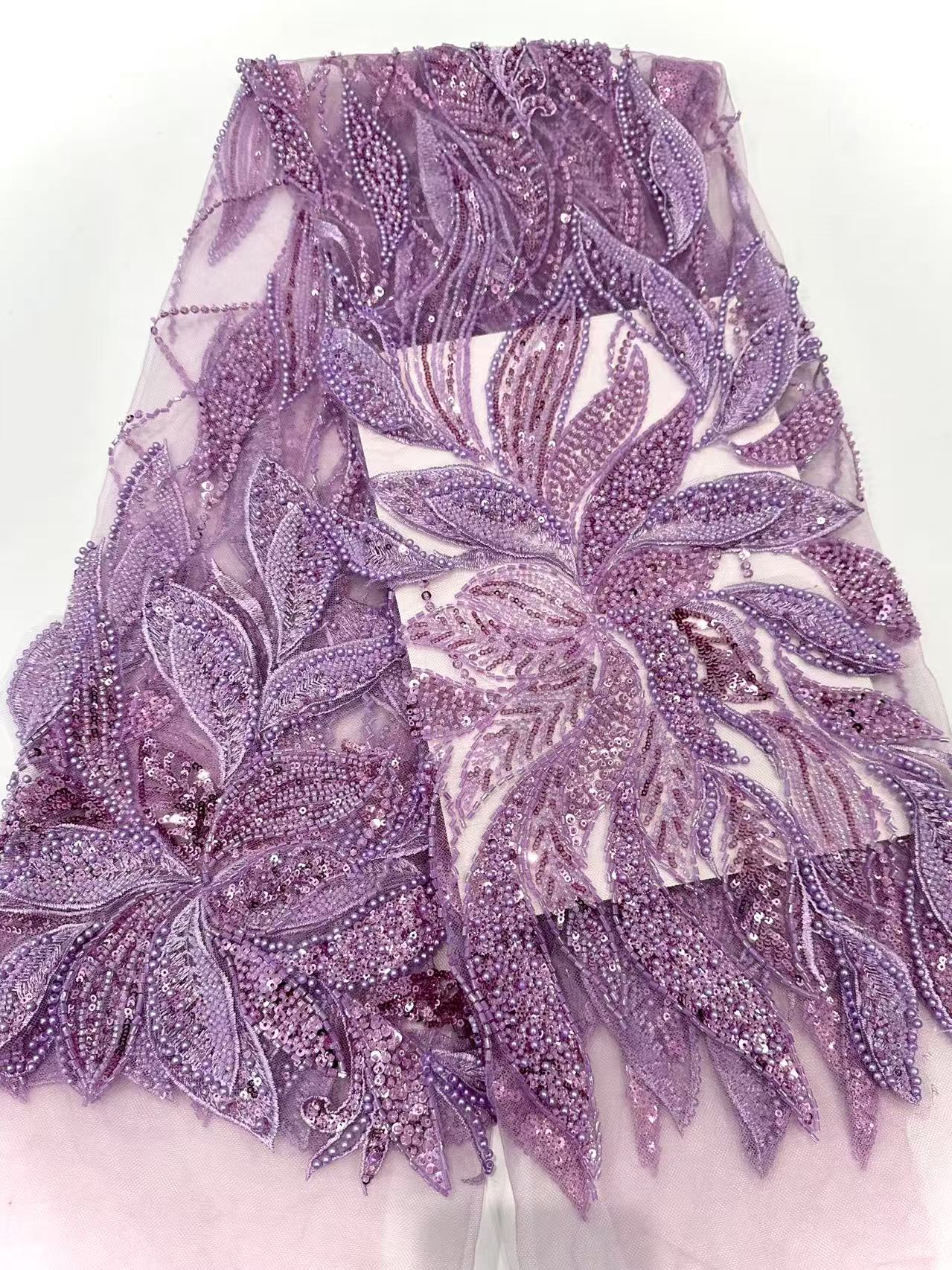 Industria pesada pétalos tridimensionales tubo de cuentas tela bordada vestido de novia de alto lujo cena vestido de moda tela bordada de cuentas de nicho