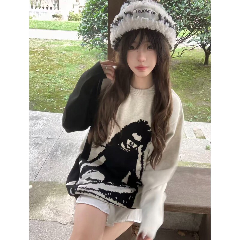 American High Street Black and White Patchwork Portrait Sweater Unisex Trendy Brand Stylish Design Knit Round Neck Top Trendy