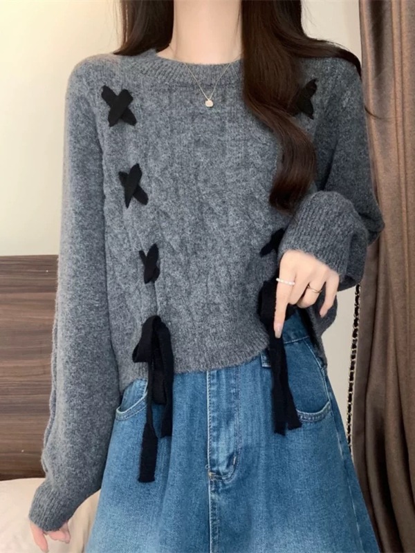 设计感麻花系带毛衣套头女2025秋冬新款软糯百搭别致圆领针织衫潮|undefined