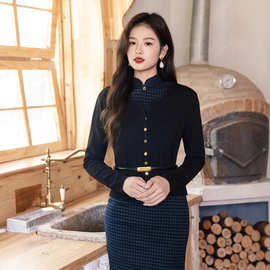 秋季新款针织开衫高级感上衣女黑色日常通勤搭配旗袍外套气质长袖