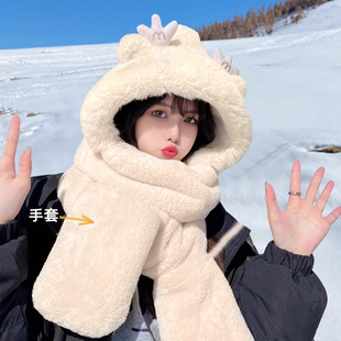 Hat Women's Summer Scarf Gloves One-Piece Hooded Scarf Cute Thickened Warm Stuffed Three-Piece Accessories Set