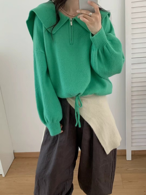 韩系学院风海军领套头毛衣女设计感抽绳收腰显瘦半拉链针织外套秋|undefined