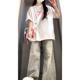 美式高街黄泥色阔腿牛仔裤女夏季薄款2025宽松高腰直筒微喇叭长裤