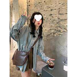秋季新款条纹衬衫叠穿外套女复古小众宽松百搭显瘦学院风长袖衬衣