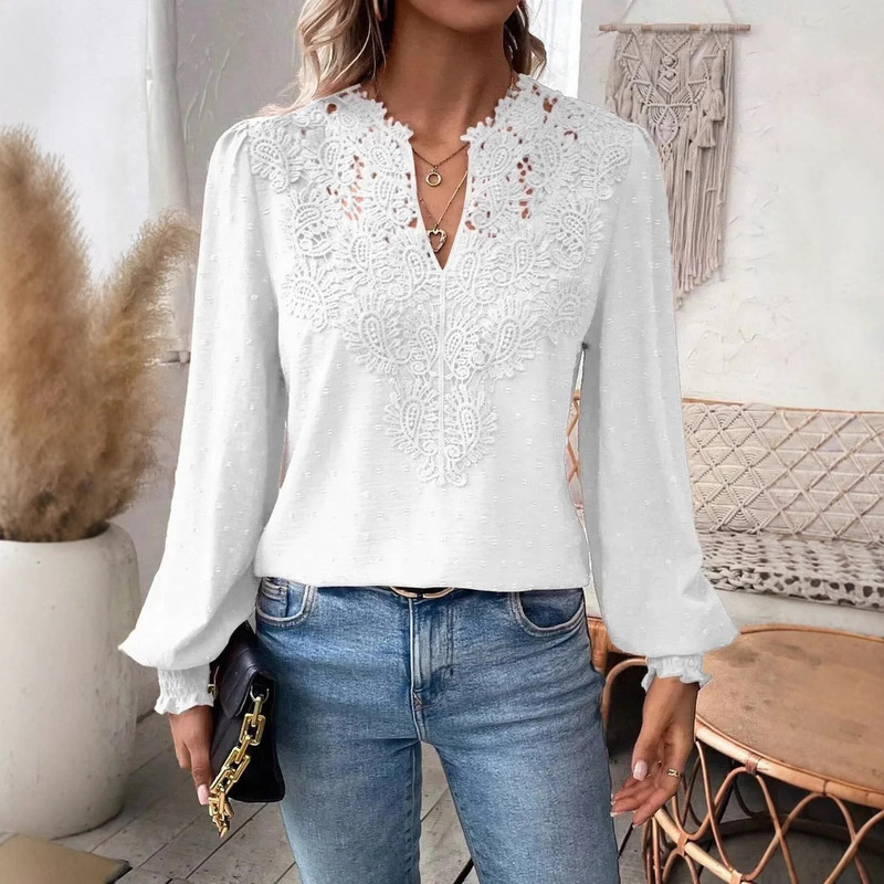 2024 European and American Amazon Cross-Border Autumn and Winter New Fashion V Neck Lace Pure Color Long-Sleeved Casual t Women's Tops
