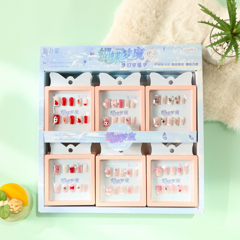 3008 Short Nails with Bowknot and Cat Eye Effect, Simple Handmade Wearable Nails, Wholesale Fairy Finger Nails for Night Market Stalls